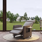 Indoor Outdoor Wicker Recliner Chair with Flip-Up Table Air Pump 155° Lay Flat, Adjustable Wicker Lounge Recliner Chair with Independently Backrest and Footrest Set of 2