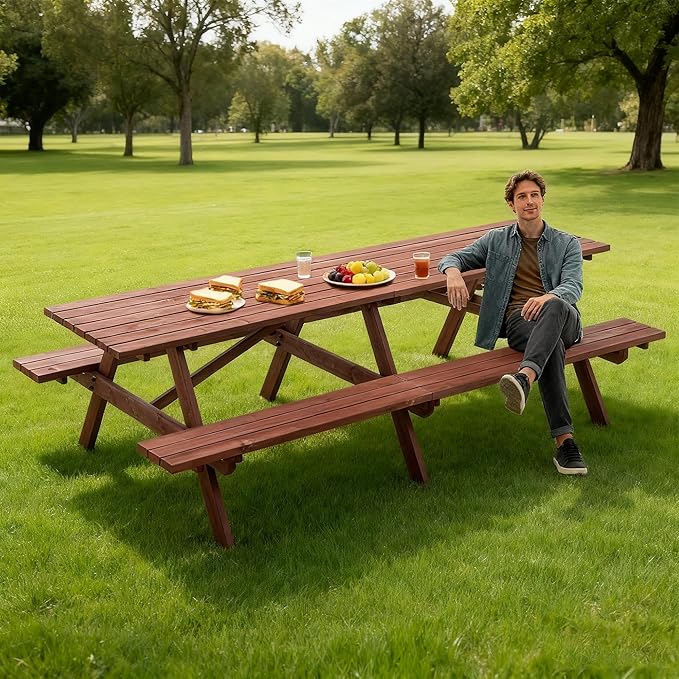 Picnic Table with Bench for 12 Person Rectangle Outdoor Wooden Outdoor Picnic Table for Patio Garden Backyard Large Outside Dining Table Set with Umbrella Hole