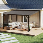 10x14FT Lean to Gazebo, Outdoor Hardtop Wall Mounted Gazebo with Gutter & Sloping Galvanized Steel Roof, Metal Hard Top Awnings for Deck, Porch, Backyard -Brown