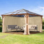 TOOLPORT Hardtop Gazebo 13x13 ft with Polycarbonate Roof - Wood-Like Finish - 4 Side Panels in Champagne