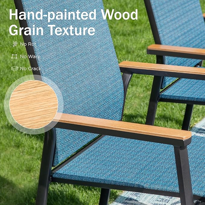 PHI VILLA Outdoor Stackable Chairs, Patio Chairs Set of 6, Light Weight Aluminum Frame with Textilene Fabric & Wood Armrest, High Back Deck Chairs for Poolside Lawn Garden, Blue