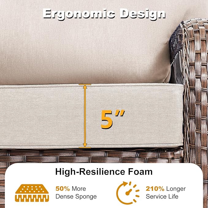 9 Pieces Patio Furniture Set Outdoor Sectional Sofa Couch with Rocking Swivel Chairs 5" Deep Seat Chairs, Modern Wicker Rattan Conversation Set, Beige/Brown Wicker