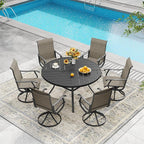 DIFY 7 Pieces Outdoor Patio Dining Set, 6 Brown Textilene Swivel Dining Chairs and 47.2" Black Round Metal Dining Table, Outdoor Table and Chairs