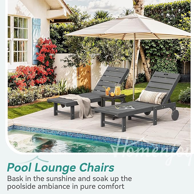 Outdoor Chaise Lounge Chairs with Table, 3-Piece, 26.8” Super Wide Lounge Chair Outdoor, HDPS Pool Chairs with 5 Positions, Patio Lounge Chair with Wheels for Pool,Lawn,Backyard, Dark Gray