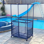 Essentially Yours Pool Equipment Holder with Towel Drying Bars, Mesh Rolling Pool Storage Organizer Bin, Extra Large with Towel Hanger, (34.5" W x 25" L x 62.6" H), Blue Style 418566
