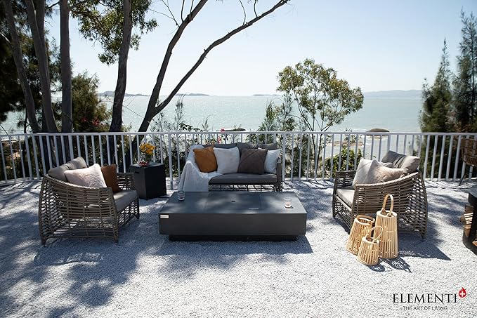 Elementi+ | Bundle Cannes Gas Fire Pit Cast Concrete 60" Rectangular Fire Table, Outdoor Fire Pit Electronic Ignition | Canvas Cover, Fire Glass and Burner Lid Included | Dark Gray | Natural Gas