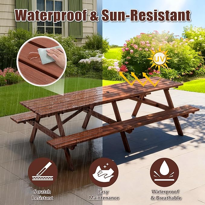 Picnic Table with Bench for 12 Person Rectangle Outdoor Wooden Outdoor Picnic Table for Patio Garden Backyard Large Outside Dining Table Set with Umbrella Hole