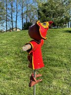 Ceramic Garden Decor - Scarecrow Lawn stake, red - Outdoor statue - Perfect, unique gifts for gardeners woman, men, yard gifts - Handmade, Frostproof