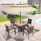 PHI VILLA 5 Pieces Outdoor Dining Set with Umbrella for 4, 37" Square Metal Polywood Table & Cushioned Wicker Rattan Chairs & 10ft Beige Umbrella Furniture for Patio, Deck, Yard, Porch