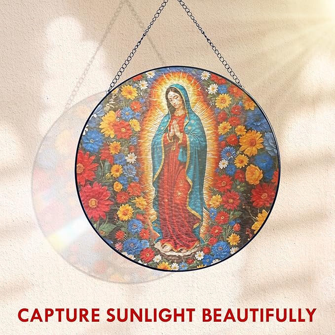 FLAGWIX Christmas Christian Gifts for Women - Virgen De Guadalupe Stained Glass Window Hanging 8 in - Religious Gifts for Women, Our Lady of Guadalupe Sun Catchers Indoor Window for Hanging Decor
