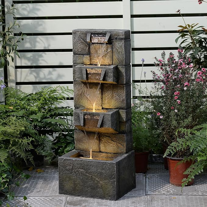 32.2 Inch Outdoor Water Fountain 3-Tiers Garden Waterfall Fountain Outdoor Cascade Water Feature with Lights and Pump for Garden Patio Porch Yard Pool Home Decor, Gift