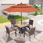 PHI VILLA 5 Pieces Outdoor Dining Set with Umbrella for 4, 37" Square Metal Polywood Table & Cushioned Wicker Rattan Chairs & 10ft Navy Blue Umbrella Furniture for Patio, Deck, Yard, Porch