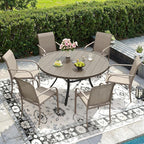 DIFY 48" Round Patio Dining Table for 6, Outdoor Metal Dining Table with 1.57" Umbrella Hole for Backyard Lawn Garden, Grey Wood-Like