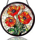 kdqua Poppy Flower Suncatcher Stained Glass Window Hanging, Poppy Flower Gifts Sun Catchers Indoor Window Glass Round Wall Decor, Orange Floral Wall Art Hanging Decorations Statues, 7.9x7.9in
