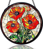 kdqua Poppy Flower Suncatcher Stained Glass Window Hanging, Poppy Flower Gifts Sun Catchers Indoor Window Glass Round Wall Decor, Orange Floral Wall Art Hanging Decorations Statues, 7.9x7.9in