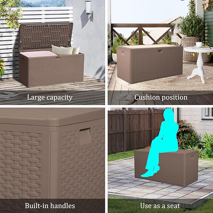 TARKARI Premium Pro Edition 73 Gallon Lockable Resin Deck Box, Waterproof & UV-Resistant Outdoor Storage Box for Outdoor Cushion Storage, Garden Tools & Pool Accessories Storage, Brown