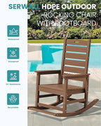 SERWALL Outdoor Rocking Chair Set of 4, Oversized HDPE Patio Rocking Chair with Footrest for Adults, All Weather Porch Rocker for Deck Patio Balcony, Brown