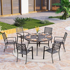 PHI VILLA 7 Pieces Outdoor Round Dining Set for 6, Wrought Iron Dining Table with Umbrella Hole & Stackable Metal Steel Chairs, Modern Dining Furniture Set for Patio, Deck, Backard, Porch