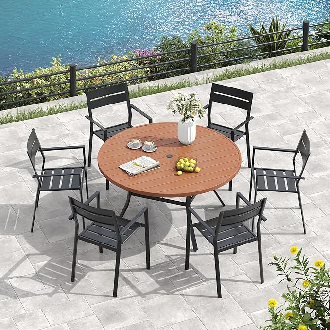 VICLLAX Outdoor Patio Round Dining Table, 56.3"x 56.3" Plastic Tabletop for Deck Lawn Garden Backyard, Walnut
