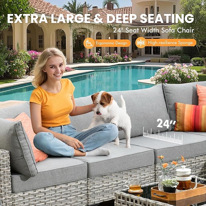 Outdoor Sectional Patio Furniture Set with Swivel Rocking Chairs,9 Pieces Wicker Conversation Sets L Shaped Couch Out Door Sofa Set Outside Furniture for Garden Deck Yard Porch,Dark Grey