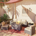 Outdoor Patio Furniture Set with Propane Fire Pit Table, 7 PCS Outdoor Furniture Patio Sectional Sofas Conversation Sets w/ETL Approved 43" Gas Outdoor Fire Table & Coffee Table Brown.
