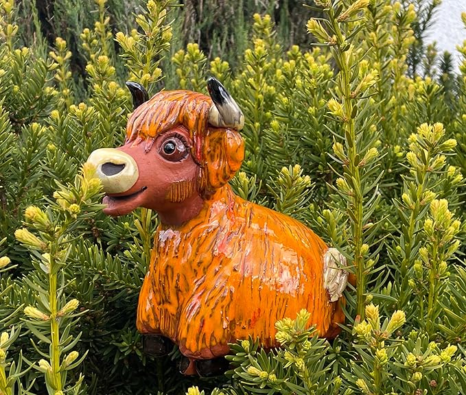 Ceramic Garden Decor - Cow Lawn stake - Outdoor statue - Perfect, unique gifts for gardeners woman, men, yard gifts - Handmade, Frostproof