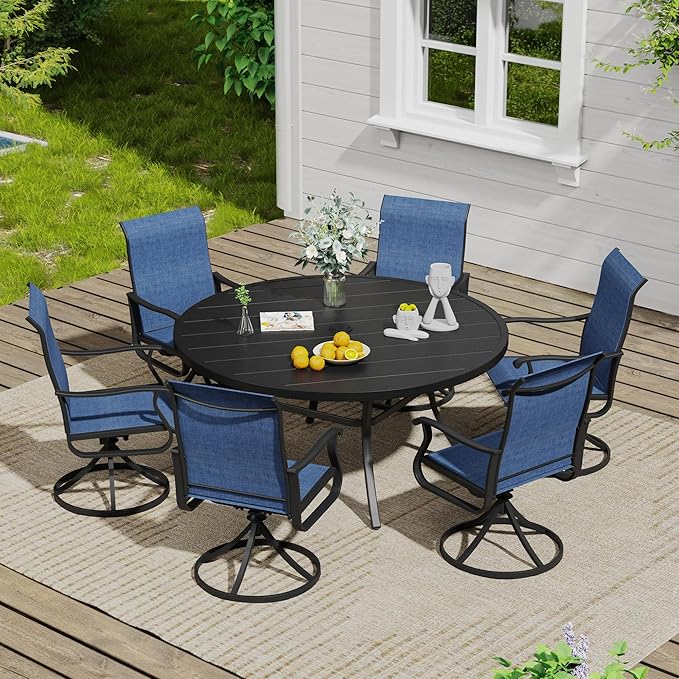 VICLLAX Outdoor Patio Round Dining Table, 50"x 50" Metal Slatted Round Tabletop with Adjustable Umbrella Hole for Deck Lawn Garden Backyard, Black