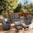 7 Piece Patio Furniture Set - Wicker Patio Conversation Set with Swivel Glider, Glider Loveseat, Tempered Glass Side Table and 2 Ottomans for Deck Backyard - Brown Wicker Grey Cushion