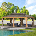 Domi 14'x24' Hardtop Gazebo Canopy,Outdoor Aluminum Gazebo with Galvanized Steel Double Roof, Extra Large Permanent Gazebo Pavilion for Patio Deck Backyard,Curtain and Netting,Wood Grain