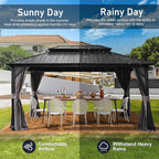 Domi Hardtop Gazebo 12x16FT, Aluminum Outdoor Gazebo with Galvanized Steel Double Roof Canopy, Curtains and Netting Included, Metal Gazebo Permanent Pavilion for Patio, Lawn, Garden, Gray