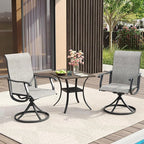 VICLLAX 3 Pieces Patio Dining Set Includes 28" Square Small Outdoor Table and 2 Patio Swivel Chairs for Lawn Garden, Grey Wood Grain Tabletop and Grey Fabric