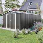 10x14 FT Outdoor Storage Shed, Metal Shed with Floor, Lockable Door & Vents, All-Weather Resin Shed for Garden, Backyard, Patio, Lawn, Dark Gray