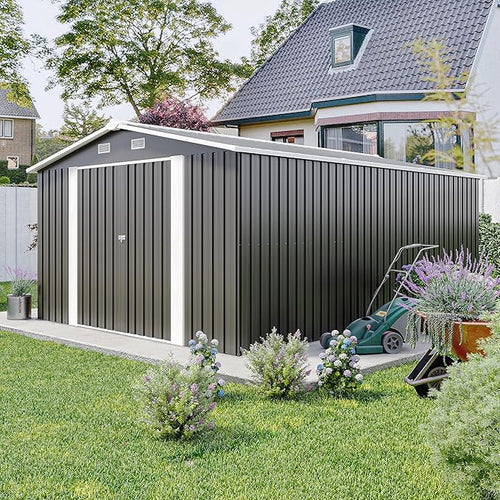 10x14 FT Outdoor Storage Shed, Metal Shed with Floor, Lockable Door & Vents, All-Weather Resin Shed for Garden, Backyard, Patio, Lawn, Dark Gray