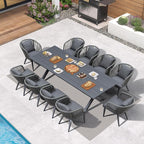 PURPLE LEAF 11 Pieces Patio Dining Set Wicker Outdoor Furniture Rectangular Table and Chairs Set for Garden Deck Aluminum Frame Backyard Kitchen Set, Cushions and Pillows Included Grey