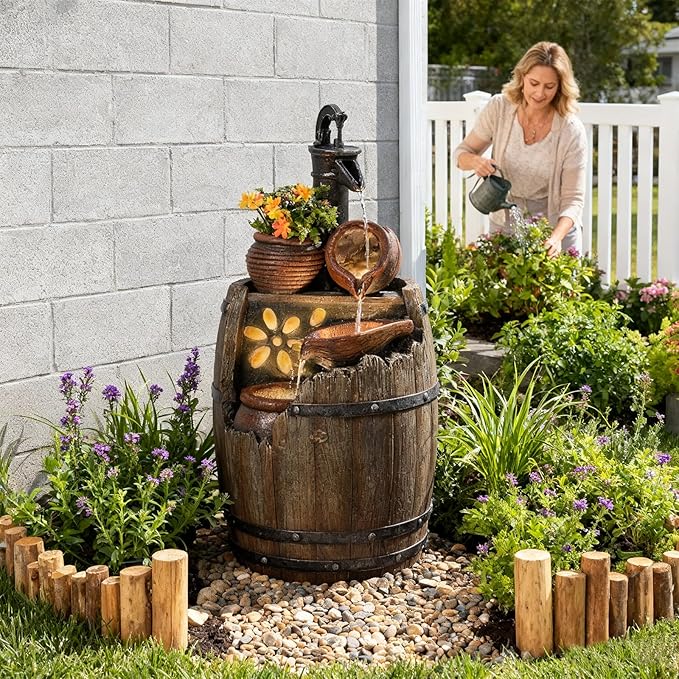 Water Fountain Outdoor Rustic Barrel,4 Tiered Wood Barrel Cascading Water Fall Fountains Outside Feature with LED Lights for Garden, Patio, Porch, Backyard Decor 14.6" L x 14.6" W x 29" H