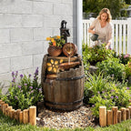 Water Fountain Outdoor Rustic Barrel,4 Tiered Wood Barrel Cascading Water Fall Fountains Outside Feature with LED Lights for Garden, Patio, Porch, Backyard Decor 14.6" L x 14.6" W x 29" H