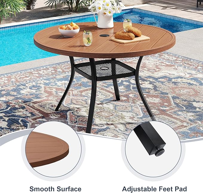 VICLLAX Round Patio Dining Table, 4-6 Person Metal Outdoor Dining Table with Umbrella Hole for Garden Lawn Deck, 47.2" Walnut