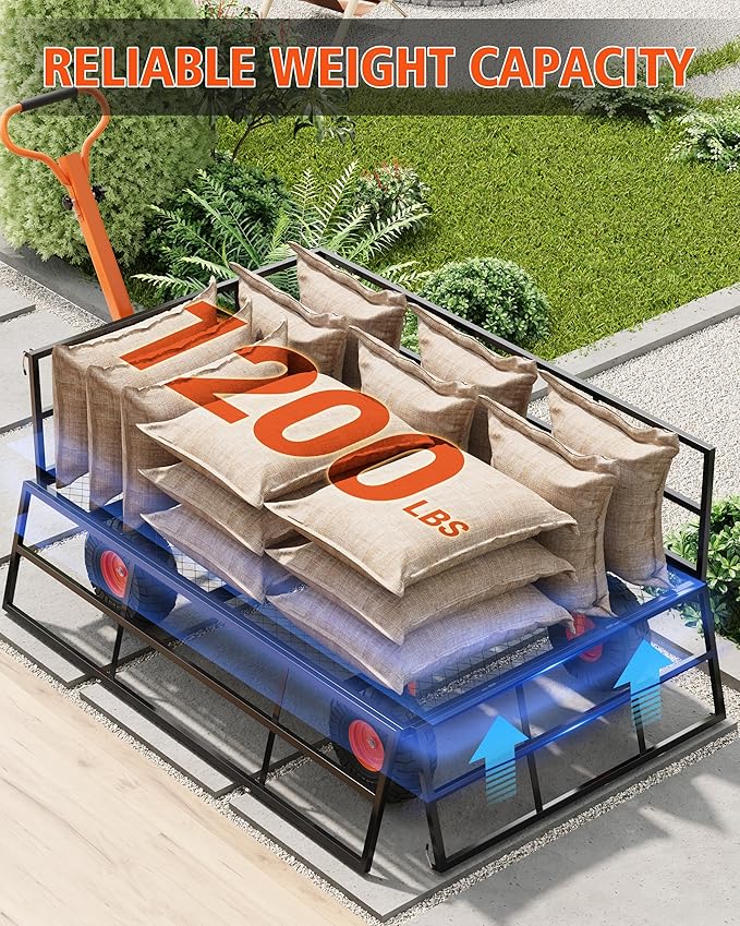 Versatile Garden Cart for Lawn and Yard with Heavy Duty Steel, 1200 Lbs Capacity Mesh Steel Garden Cart Folding Utility Wagon with Removable Side Panels, Long Handle, 10" Tires - Black and Orange
