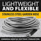BIONIC STEEL 50 Ft Metal Garden Hose with Sprayer Nozzle, Non Kinking Designed Stainless Steel Heavy Duty Water Hose 50Ft x 5/8 in. Ultra Flexible NON Expandable for Uninterrupted Water Flow, 500 PSI