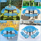 47'' Heavy-Duty Metal Picnic Tables with Umbrella Hole, Outdoor Steel Heavy Duty Commercial Grade Black Table, Outdoor Bench Set for Lawn, Patio, Park, Yard, Garden, Porch (Set C, Round)