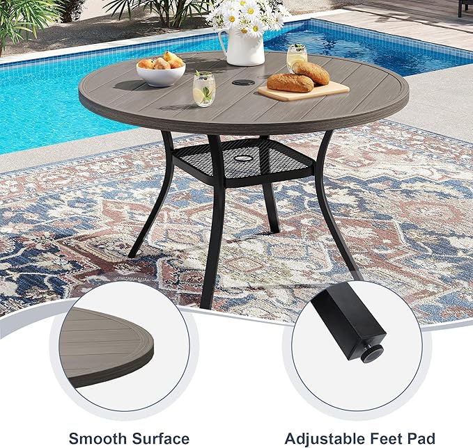 VICLLAX Round Patio Dining Table, 4-6 Person Metal Outdoor Dining Table with Umbrella Hole for Garden Lawn Deck, 47.2" Grey