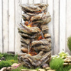 32" High Outdoor Water Fountain, 5-Tiers Cascading Rock Waterfall with LED Lights for Garden, Patio, Yard Decor, Soothing Tranquility for Any Outdoor Living Space