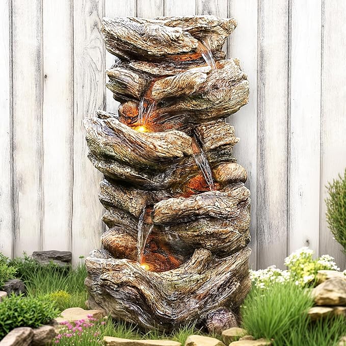 32" High Outdoor Water Fountain, 5-Tiers Cascading Rock Waterfall with LED Lights for Garden, Patio, Yard Decor, Soothing Tranquility for Any Outdoor Living Space