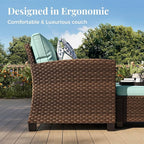 Patio Furniture Set, 6 Pcs Wicker Rattan Outdoor Conversation Set, 2 x Leg Chairs, 1 x 3 Seater Sofa and 2 x Ottoman with 4" Thick Cushion and 32" Fire Pit Table, Blue