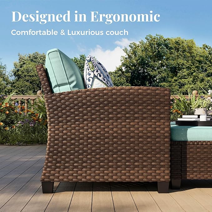 Patio Furniture Set, 7 Pcs Wicker Rattan Outdoor Conversation Set, 2 x Leg Chairs, 1 x 3 Seater Sofa, 1 x 2-Seat Lover Sofa and 2 x Ottomans with 4" Thick Cushion and 32" Fire Pit Table, Blue