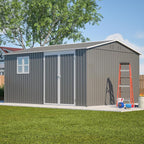 10X12 FT Outdoor Storage Shed Heavy-Duty Metal Sheds & Outdoor Storage with Floor Frame, Rustic Style Window and Lockable Doors Bright and Spacious Tool Sheds for Backyard Garden Patio Lawn, Gray