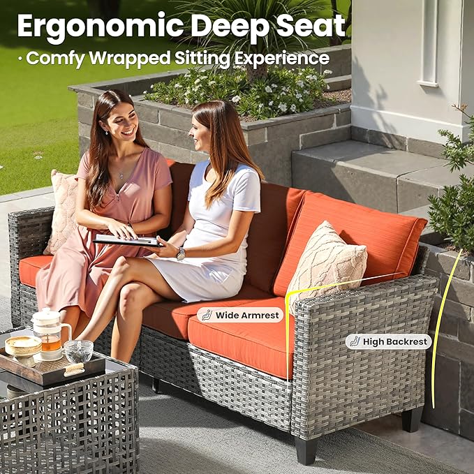ovios 7 Pieces Patio Furniture Set with 42" Fire Pit Table, Outdoor Sofa Couch with Solar Lights Table Comfy Cushions, Modern Deep Seat Wicker Rattan Conversation Set, Orange Red