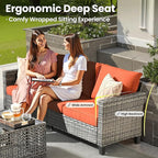 ovios 9 Pieces Patio Furniture Set with 54" Fire Pit Table, Outdoor Sofa Couch with Solar Lights Table Comfy Cushions, Modern Deep Seat Wicker Rattan Conversation Set, Orange Red