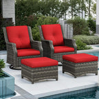 4 Piece Patio Furniture Set, 2 Swivel Glider Chairs and 2 Ottomans PE Wicker Footstool, Outdoors Rattan Conversation Set with Deep Seating and Olefin Cushions, for Backyard, Garden, Red
