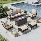 MFSTUDIO 6 PCS Outdoor Patio Furniture Set, Metal Outdoor Conversation Set, Rattan Wicker Patio Sectional Set with 2 x Fixed Single Sofa, 3-Seat Sofa, 2 x Ottoman, 1 x Fire Pit Table, Beige
